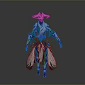 3D Character with Ornate Green White Costume Purple Accents and Flowing Elements