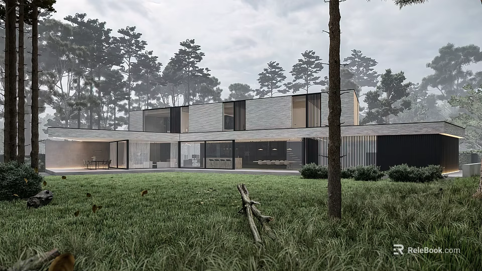 Modern Detached Villa Surrounded by Forest and Grassland with Large Windows and Open Layout 3d model 
