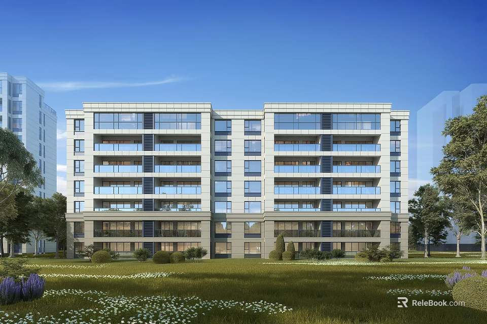 Modern Multi Story Residential Building With Balconies Green Lawn And Trees 3d model 
