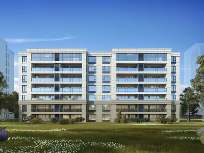 Modern Multi Story Residential Building With Balconies Green Lawn And Trees 3d model