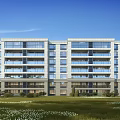 Modern Multi Story Residential Building With Balconies Green Lawn And Trees