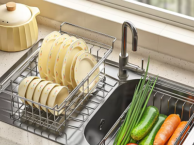 Stainless Steel Kitchen Sink with Dish Rack Plates Bowls and Fresh Vegetables on Countertop 3d model