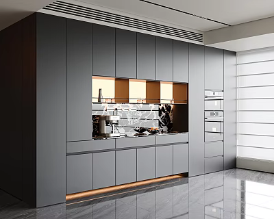 Elegant Modern Gray Sideboard With LED Strip Lights Built-in Oven And Cabinet Doors 3d model