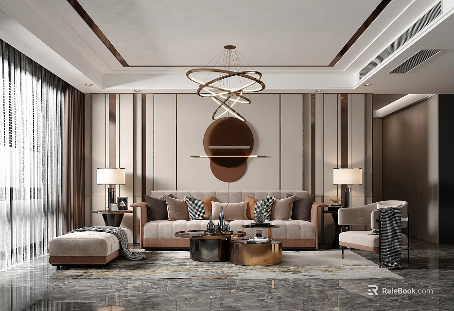 Elegant Modern Living Room Interior With Chandelier Sofa Throw Pillows And Mirror 3d model 