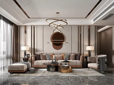 Elegant Modern Living Room Interior With Chandelier Sofa Throw Pillows And Mirror 3d model