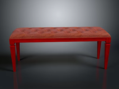 Red Upholstered Bench With Tufted Seat And Wooden Legs For Home Furniture 3d model