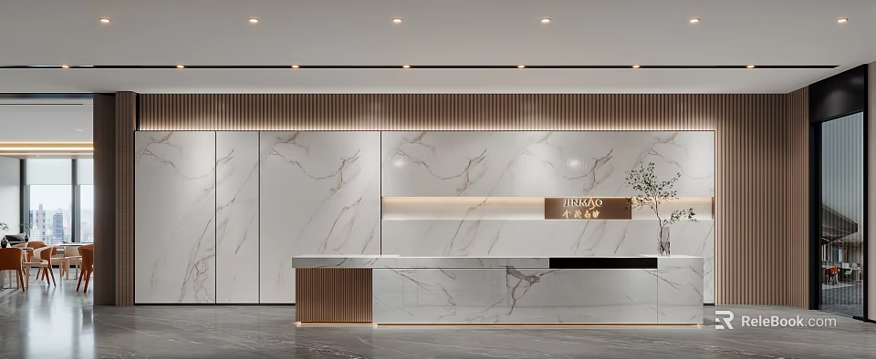 Modern Reception Desk Design With Marble Countertop Wooden Accents And Soft Lighting Elements 3d model 