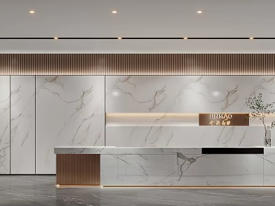 Modern Reception Desk Design With Marble Countertop Wooden Accents And Soft Lighting Elements 3d model