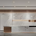 Modern Reception Desk Design With Marble Countertop Wooden Accents And Soft Lighting Elements