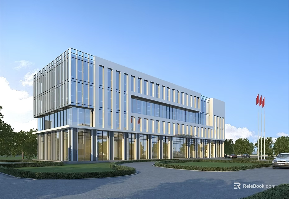 Modern Office Building Exterior With Glass Curtain Wall Lawn Driveway And Flagpoles 3d model 