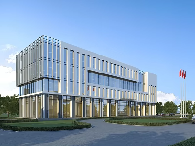 Modern Office Building Exterior With Glass Curtain Wall Lawn Driveway And Flagpoles 3d model