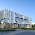 Modern Office Building Exterior With Glass Curtain Wall Lawn Driveway And Flagpoles