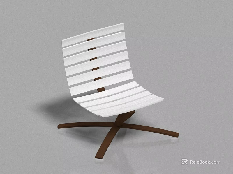 White Leisure Chair with Modern Striped Curved Back and Brown Cross Legs Base 3d model 