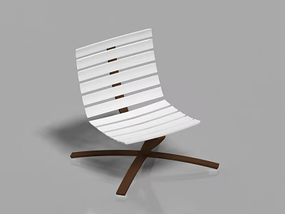 White Leisure Chair with Modern Striped Curved Back and Brown Cross Legs Base 3d model