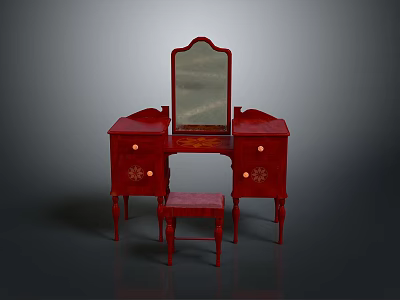 Vintage Red Dressing Table With Rectangular Mirror Drawers And Matching Wooden Stool 3d model
