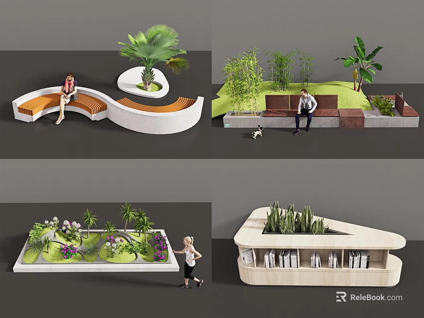 Modern Outdoor Landscape Seating With Curved Triangular Design And Greenery Plants 3d model 