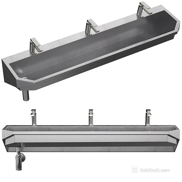 Stainless Steel Long Washbasin With Three Faucets For Public Restroom Facilities 3d model 