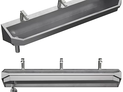Stainless Steel Long Washbasin With Three Faucets For Public Restroom Facilities 3d model