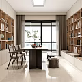 Modern Minimalist Dining and Living Room With Built in Bookshelves Dining Table Chairs and Skylight