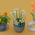 Colorful Flowers in Blue Patterned Pots and White Ring Shaped Vase on Yellow Background