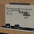 Modern Kitchen Appliances With Gas Stove Wall Mounted Rack And Hanging Utensils Plates