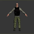 Bald Man Wearing Sunglasses Camouflage Shirt Black Tactical Vest Pants And Boots With Arms Outstretched