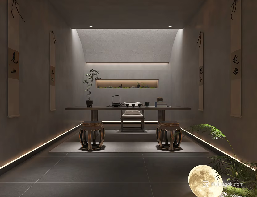 Traditional Tea Room Interior Design With Tea Set Long Table Round Stools And Calligraphy Scrolls 3d model 