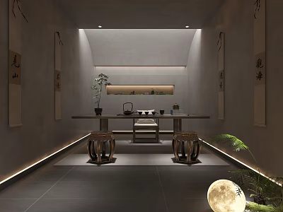 Traditional Tea Room Interior Design With Tea Set Long Table Round Stools And Calligraphy Scrolls 3d model