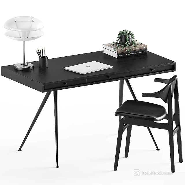 Modern Black Desk With Laptop Books Green Plant Pen Holder Lamp And Chair 3d model 