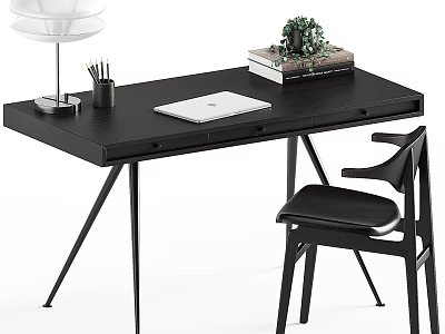 Modern Black Desk With Laptop Books Green Plant Pen Holder Lamp And Chair 3d model