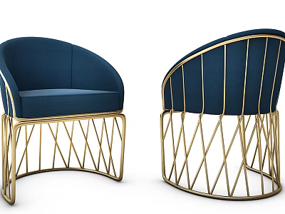 Upholstered Navy Blue Accent Chair With Gold Geometric Metal Frame Design 3d model
