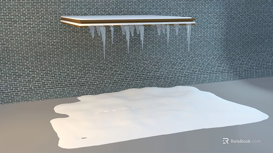 Brick Wall Shelf With Golden Border Icicles And Melting Snow On Ground 3d model 