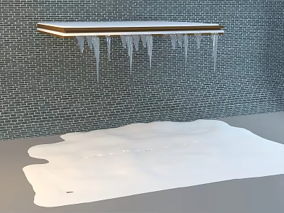 Brick Wall Shelf With Golden Border Icicles And Melting Snow On Ground 3d model