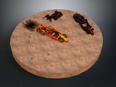 Circular Sand Platform With Damaged Orange And Brown Vehicles And Black Smoke 3d model