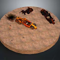 Circular Sand Platform With Damaged Orange And Brown Vehicles And Black Smoke