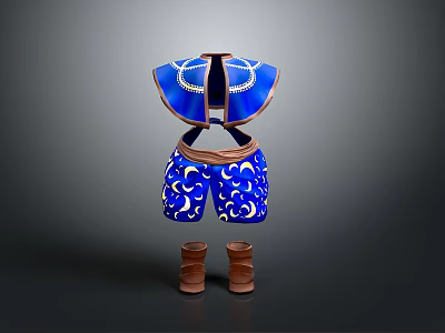Blue Patterned Clothing Set With White Decorative Trim And Brown Boots 3d model