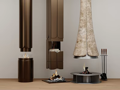 Modern Brown Column Wall Mounted And Beige Tent Shaped Fireplaces With Tools 3d model
