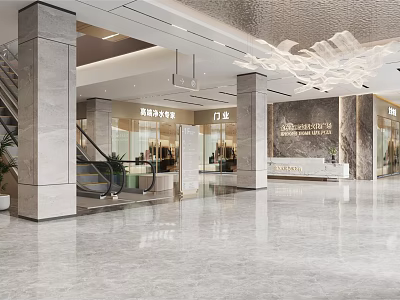 Modern Shop Front Desk Interior With Marble Lobby Staircase And Escalator Lighting 3d model