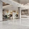Modern Shop Front Desk Interior With Marble Lobby Staircase And Escalator Lighting