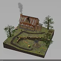 Rustic Cottage With Red Roof Smoking Chimney Surrounded By Trees And Wooden Fence