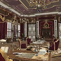Ornate Luxurious Interior With Marble Columns Large Window Chandeliers And Curtains