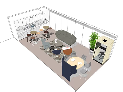 Modern Break Room Interior Design With Sofa Tables Chairs Potted Plants And Cabinets 3d model