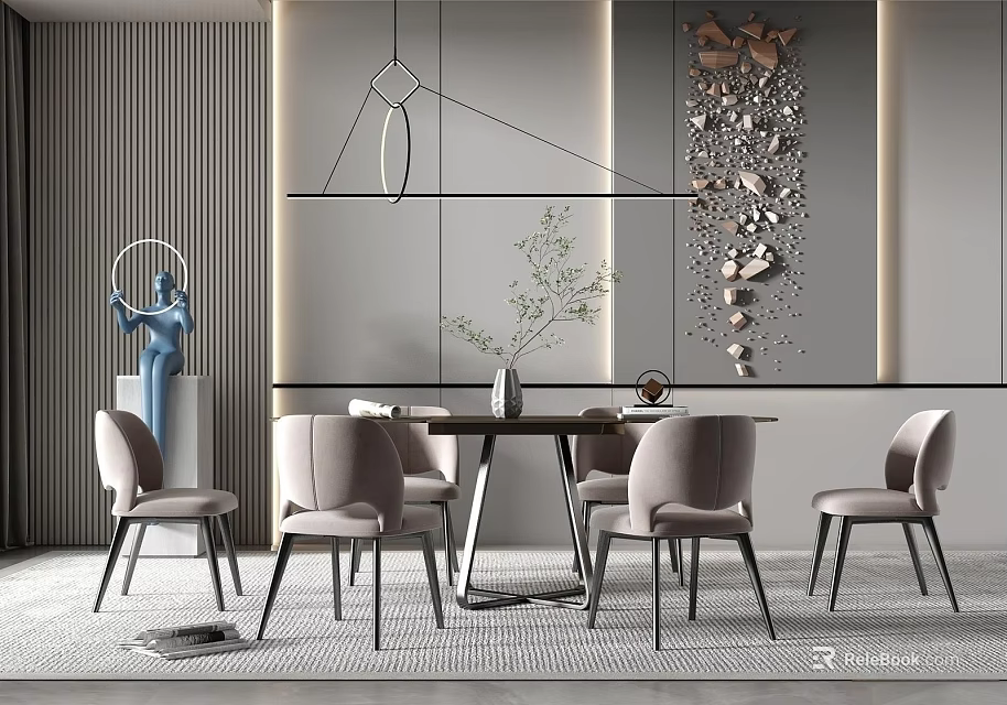 Elegant Modern Dining Table Set With Black Table Gray Chairs And Art Decor Pendant Light 3d model