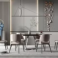 Elegant Modern Dining Table Set With Black Table Gray Chairs And Art Decor Pendant Light 3d model