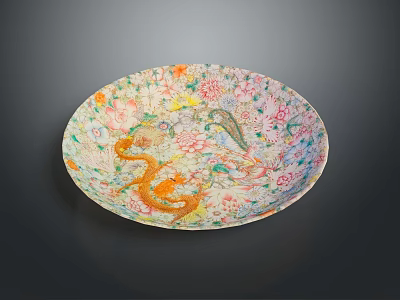Decorative Carved Sculpture Plate Featuring Intricate Floral and Dragon Patterns Design 3d model
