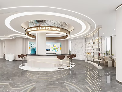 Stylish Modern Sales Office Interior With Curved Reception Counter And Circular Ceiling Lighting Marble Flooring 3d model