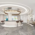 Stylish Modern Sales Office Interior With Curved Reception Counter And Circular Ceiling Lighting Marble Flooring