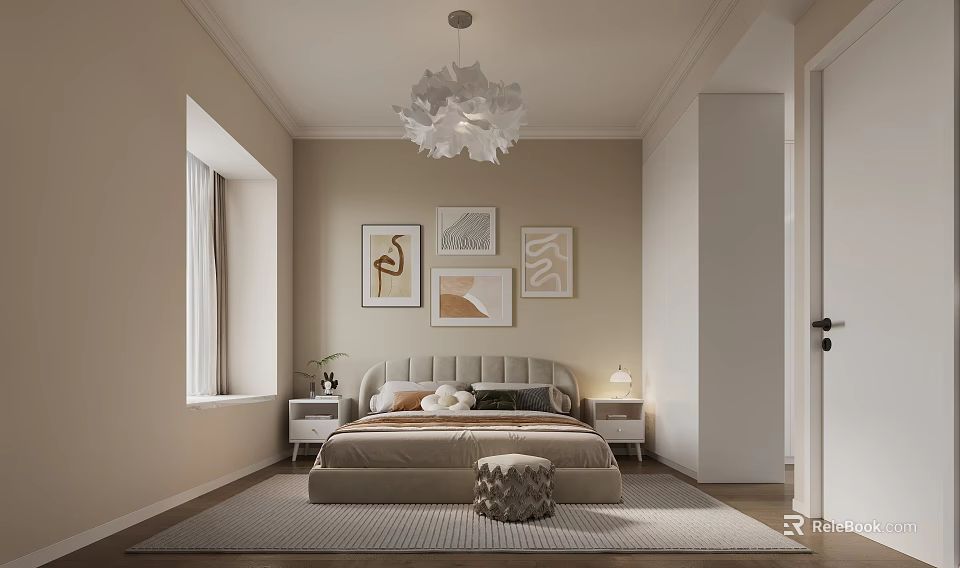 Modern Minimalist Bedroom With Beige Walls Neutral Bed Bedside Tables Chandelier Artworks And Rug 3d model 