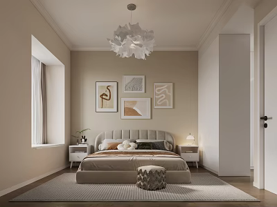 Modern Minimalist Bedroom With Beige Walls Neutral Bed Bedside Tables Chandelier Artworks And Rug 3d model