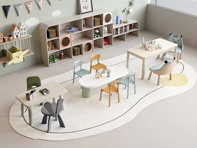 Colorful Kids Room With Curved Bookshelf Chairs Round Rug Wall Decor And Toys 3d model